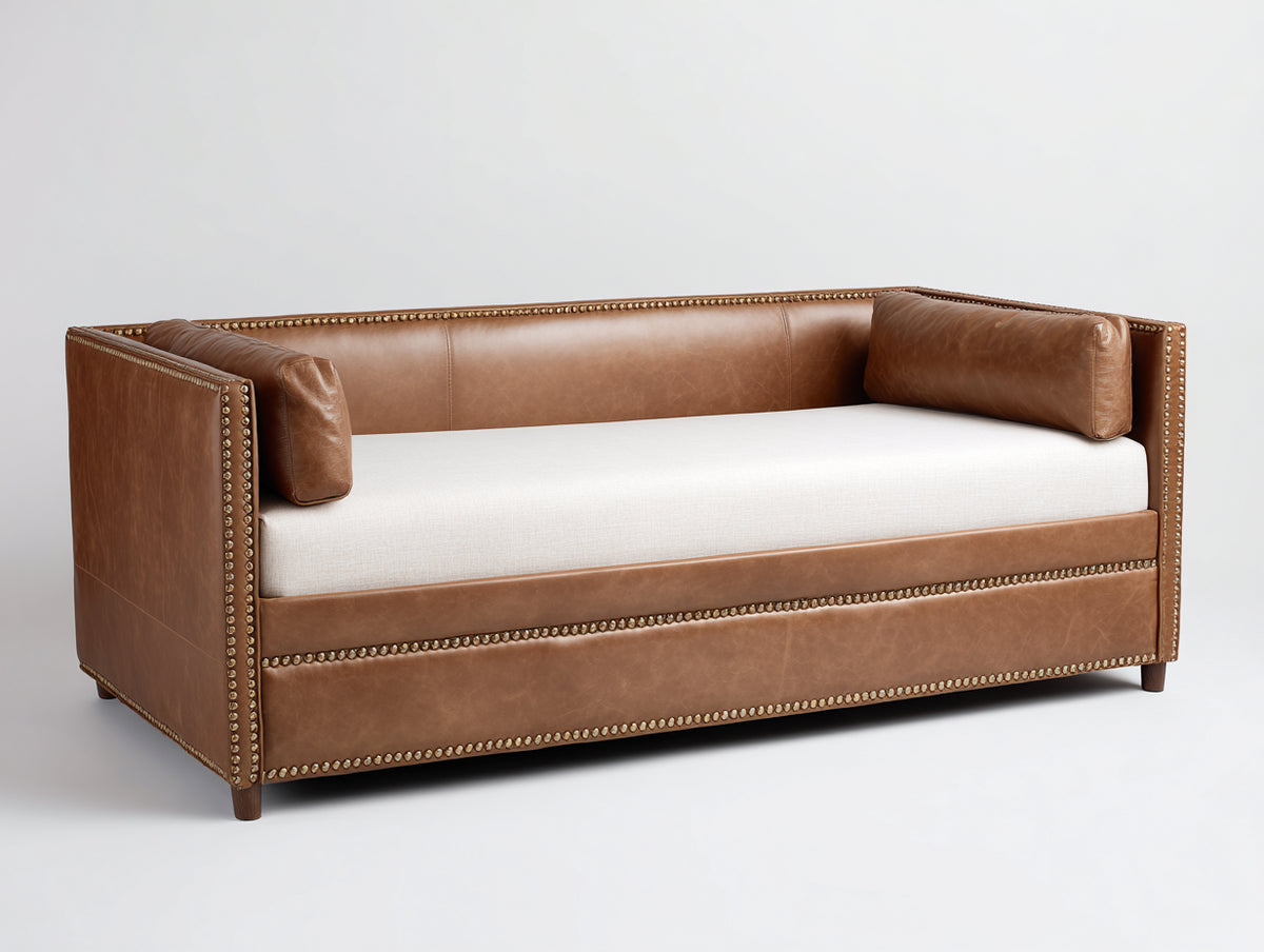 Sofá cama diván 205×98×86 cm – marrón caramelo/blanco – estructura tapizada con sistema nido