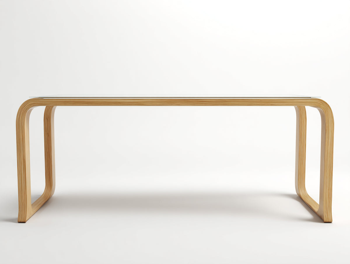 Estante consola de madera laminada y vidrio 180×42×78 cm - madera natural/transparente - estructura arqueada contemporánea