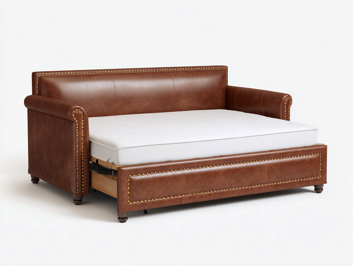 Sofá cama nido tapizado efecto cuero 216×104×91 cm - marrón/blanco - cama extraíble con acabado clásico para dormitorio