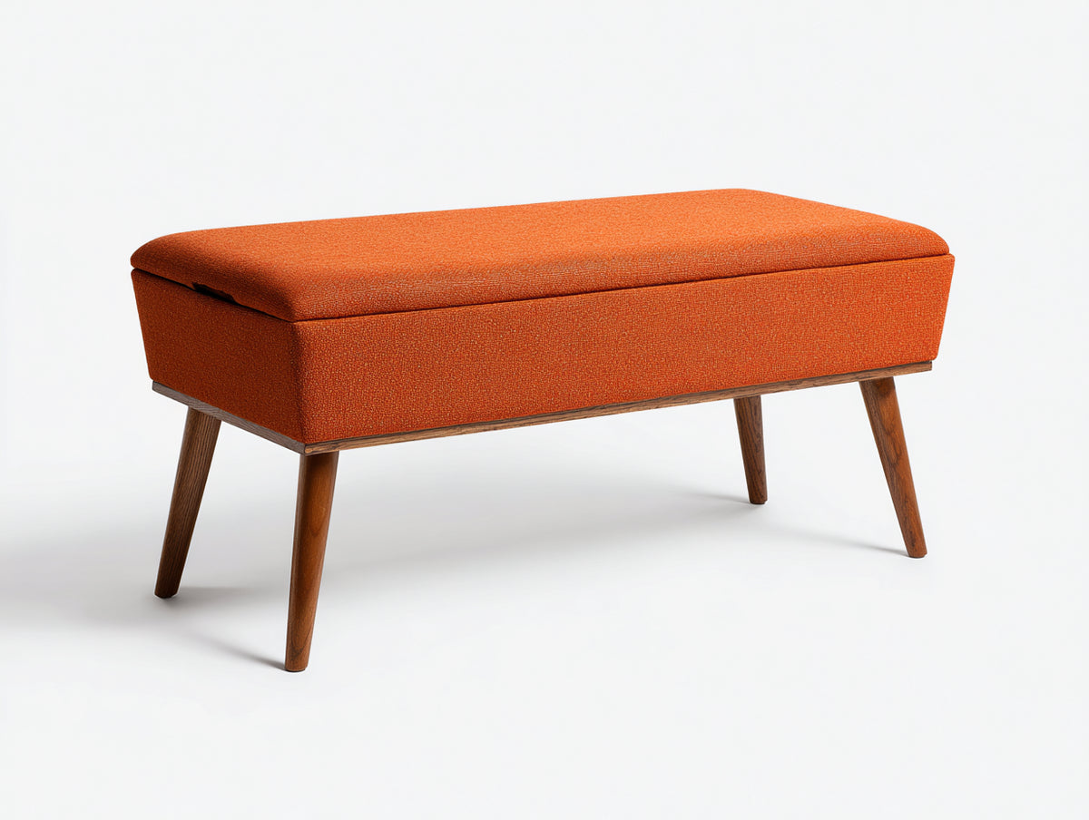 Banco baúl tapizado 120×42×48 cm – naranja quemado/marrón nogal – con almacenaje oculto