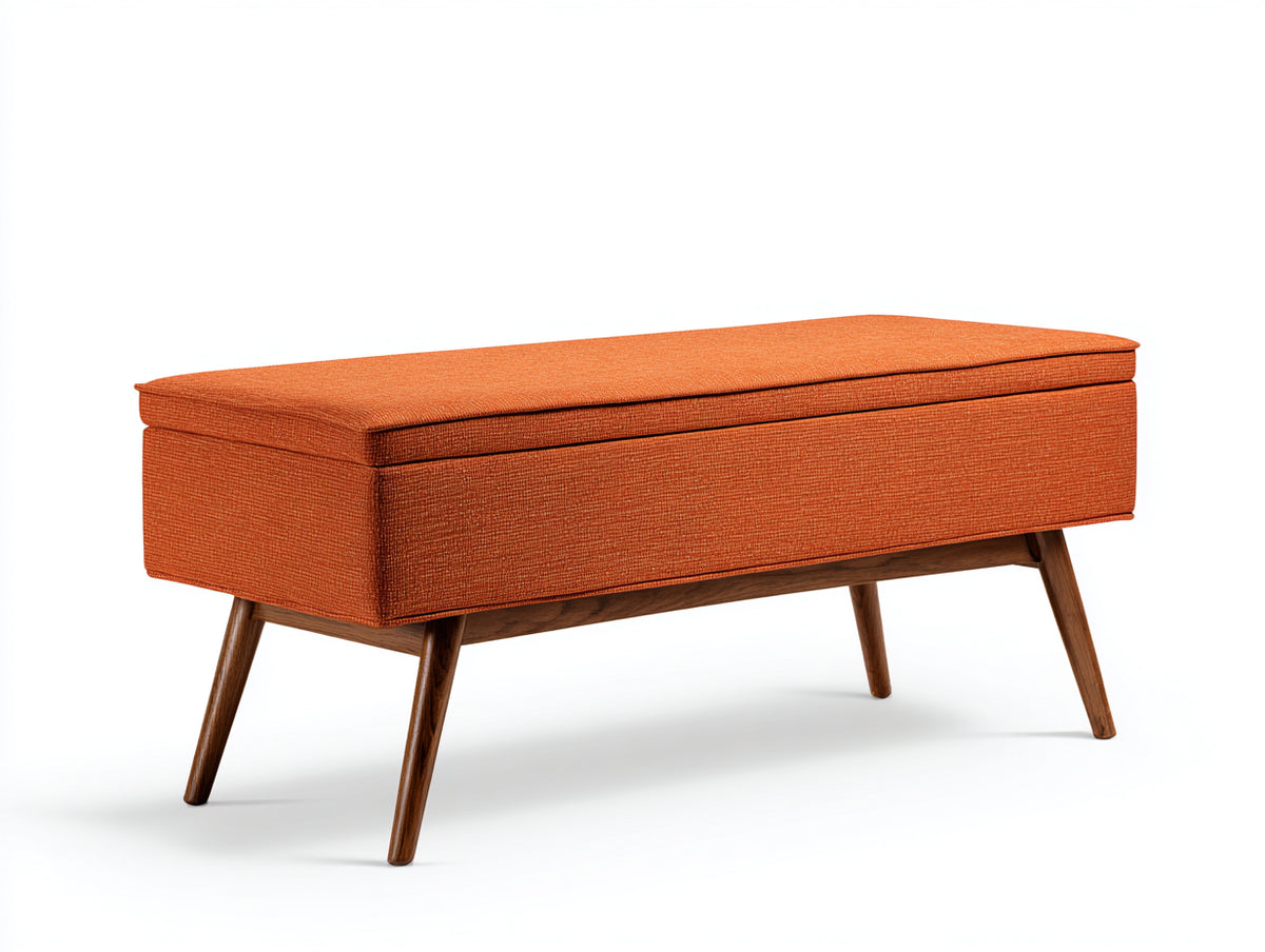 Banco tapizado con almacenaje 120×45×52 cm - tejido naranja/madera nogal - estilo retro para dormitorio