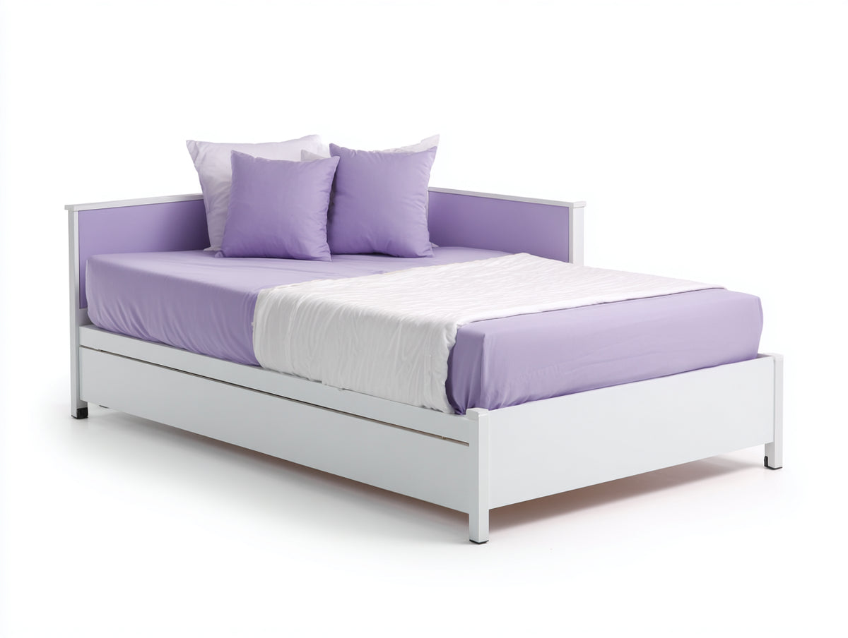 Sofá cama individual de madera 206×98×88 cm - blanco/lila - para dormitorio con cajón inferior