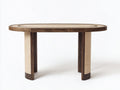 Estante consola ovalado 120×40×78 cm – madera nogal oscuro y beige – estilo clásico para sala de estar