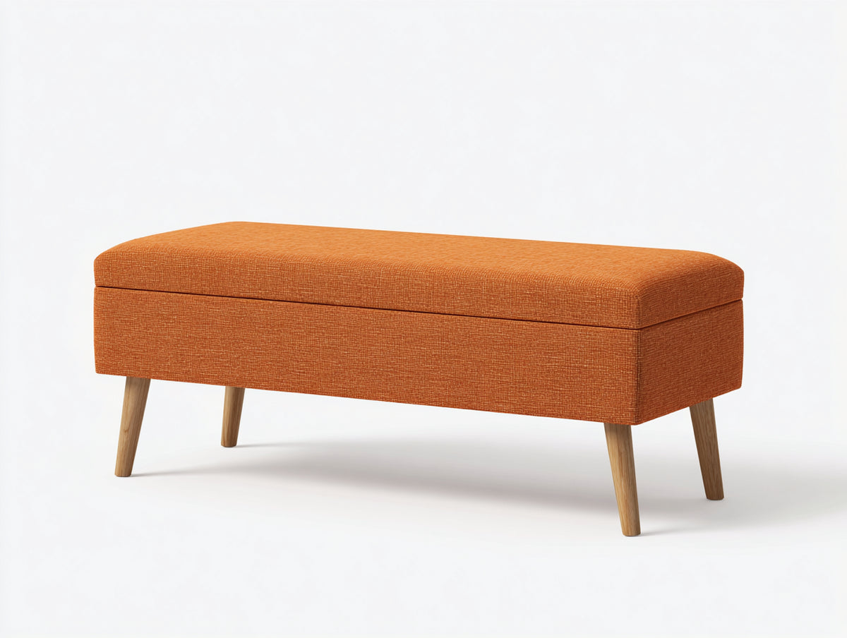 Banco de dormitorio tapizado 122×46×49 cm - naranja quemado/madera natural - arcón acolchado con tapa