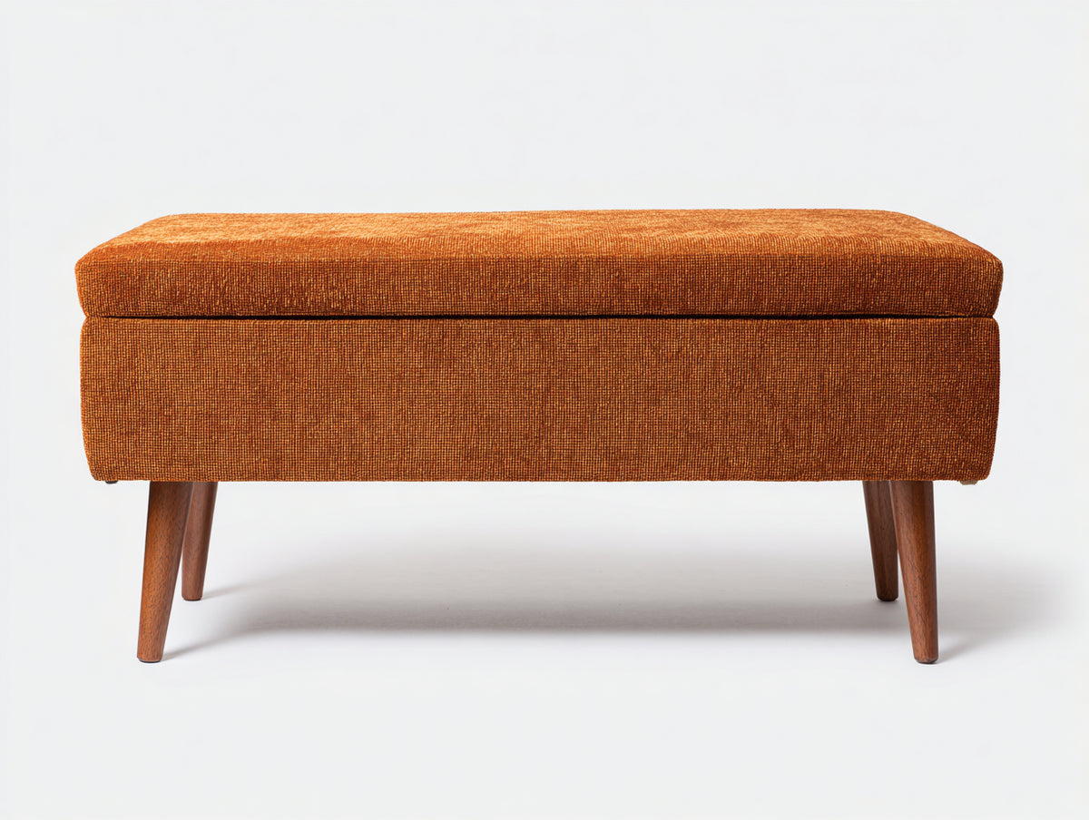 Banco tapizado con baúl 125×44×50 cm – terracota/marrón oscuro – estilo mid-century