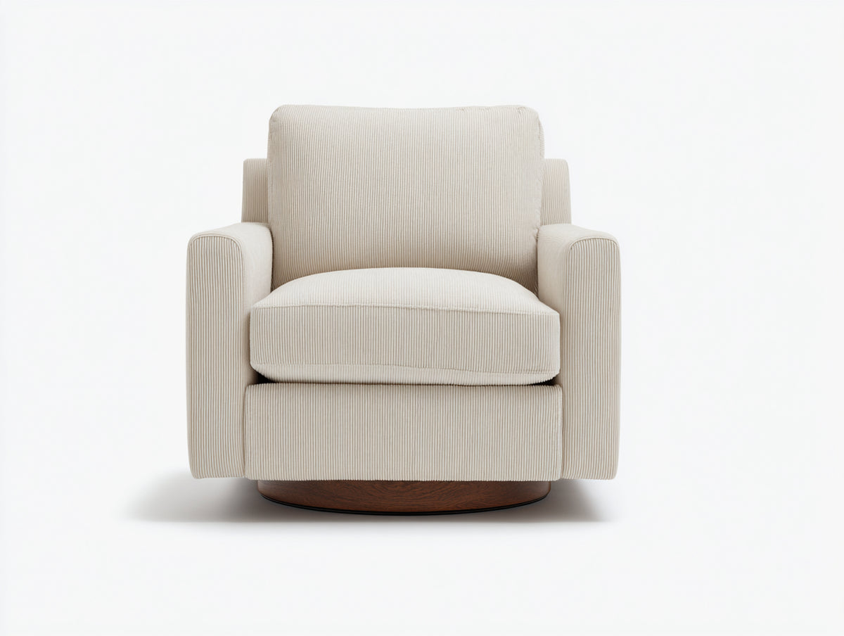 Sillón tapizado 86×88×91 cm – marfil/marrón nogal – base circular de madera