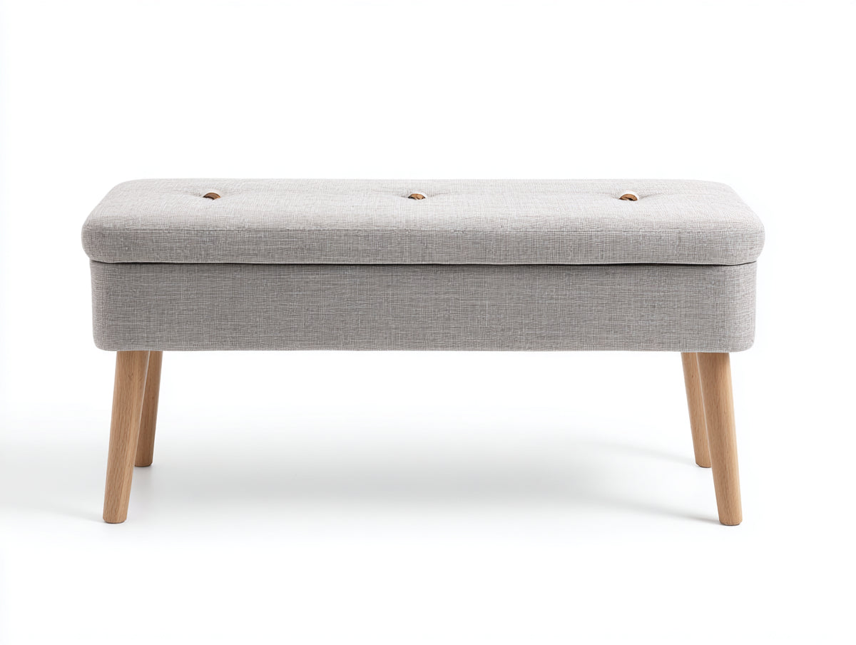 Banco acolchado 110×42×48 cm - tejido gris claro/madera natural - asiento capitoné estilo nórdico