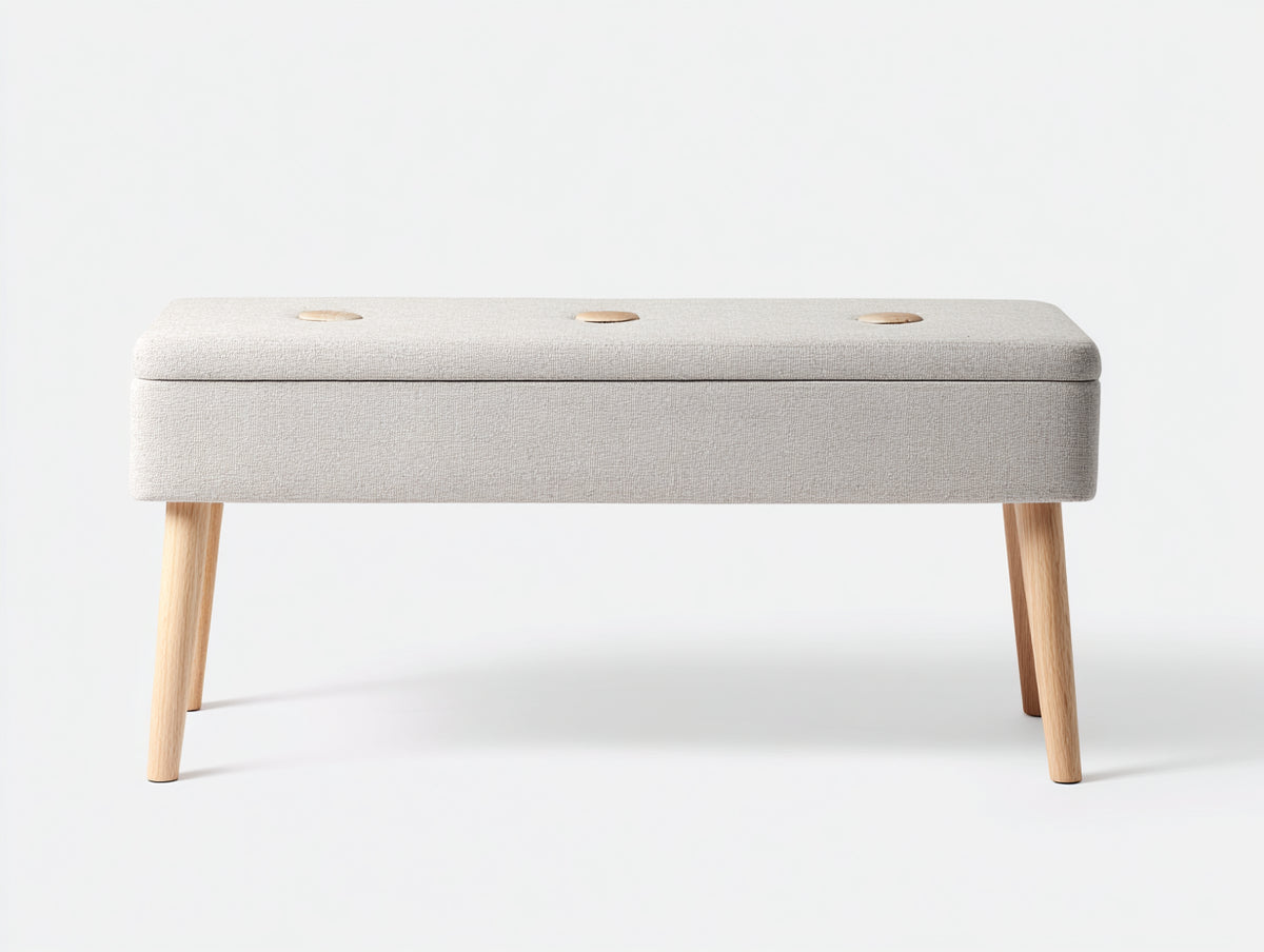 Banco tapizado 110×40×47 cm – beige claro/madera natural – estilo nórdico