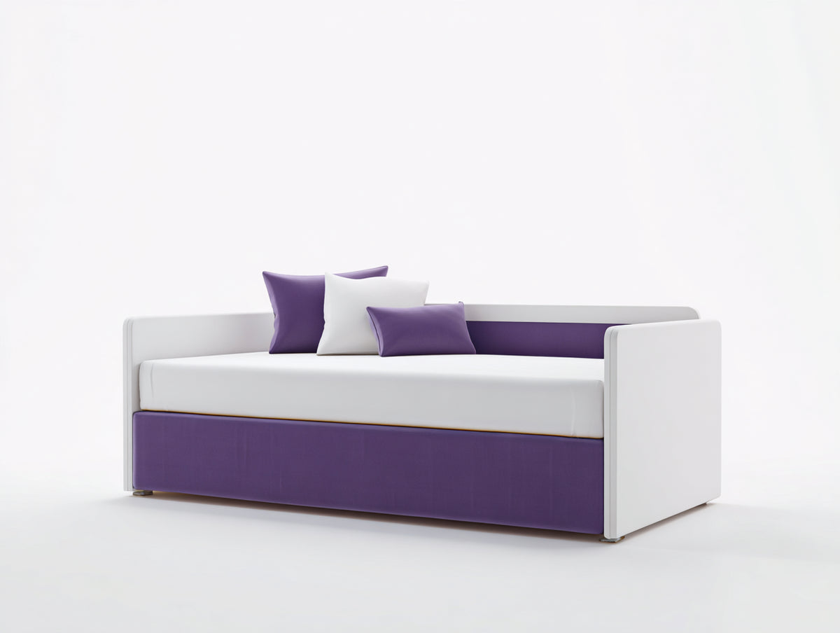 Sofá cama individual tapizado 204×96×82 cm - blanco/violeta - para dormitorio compacto