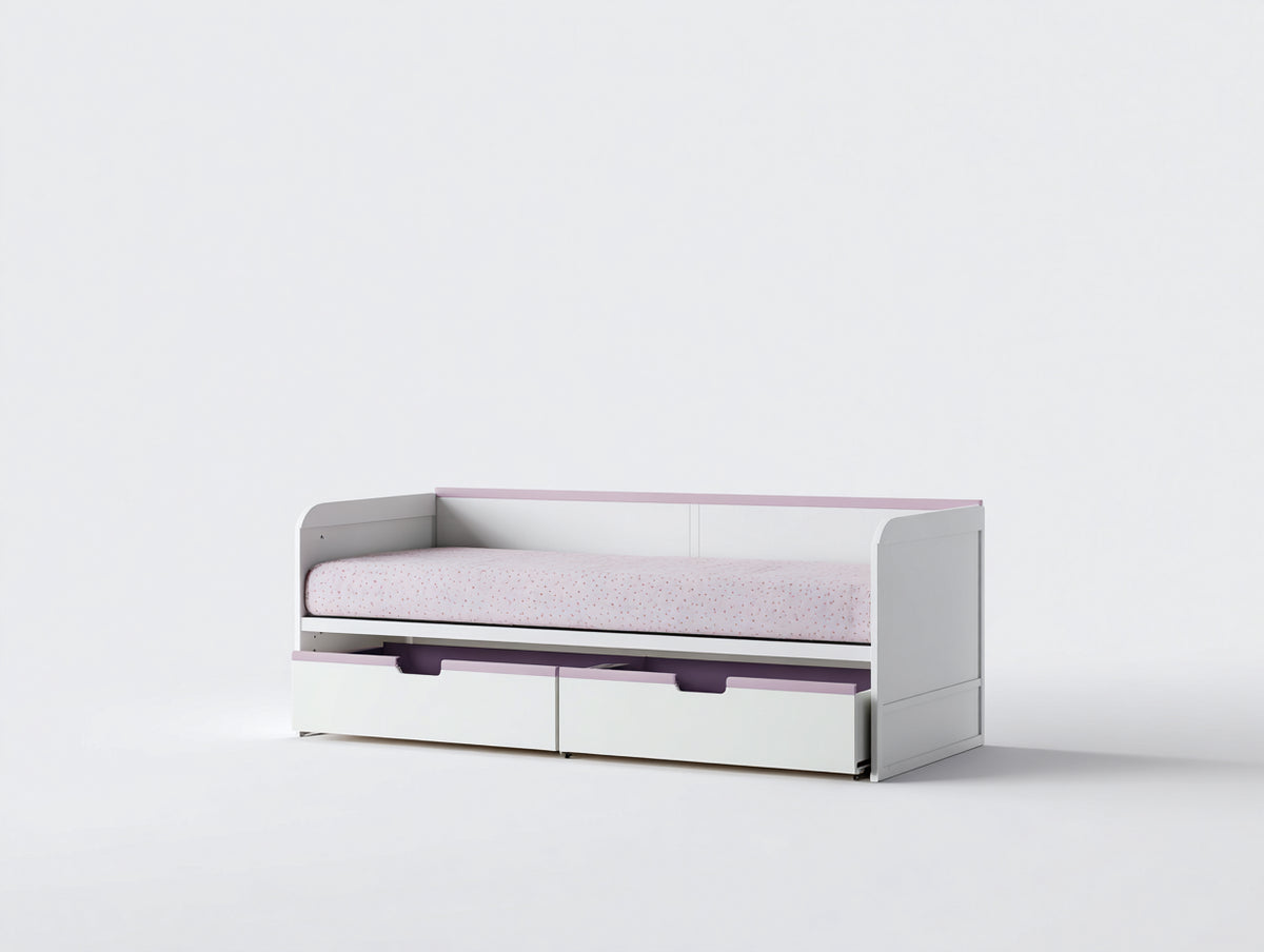 Sofá Cama individual de madera 205×97×78 cm - blanco/rosa claro - para dormitorio con cajones inferiores