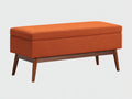 Banco de dormitorio con espacio interior 118×44×50 cm - tela naranja/madera marrón - asiento acolchado estilo mid century