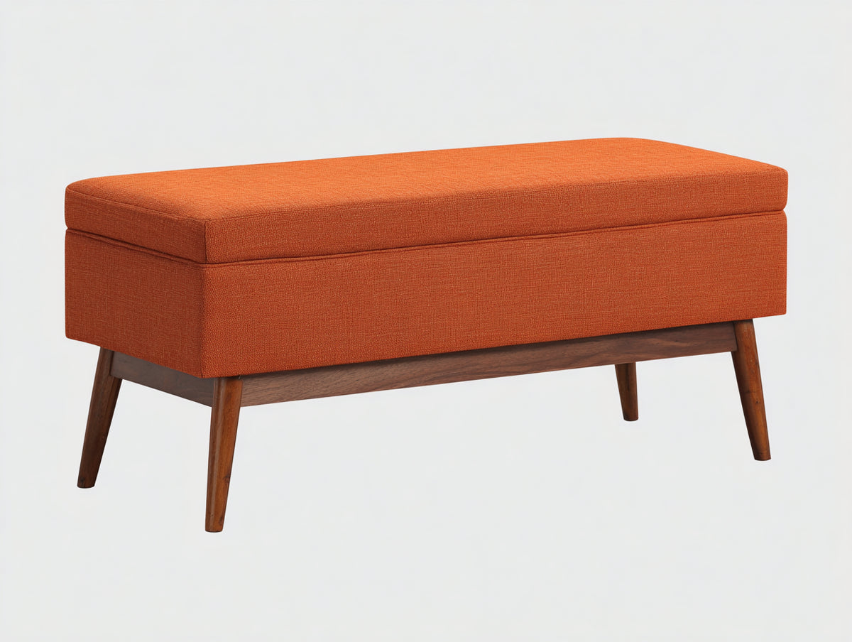 Banco de dormitorio con espacio interior 118×44×50 cm - tela naranja/madera marrón - asiento acolchado estilo mid century