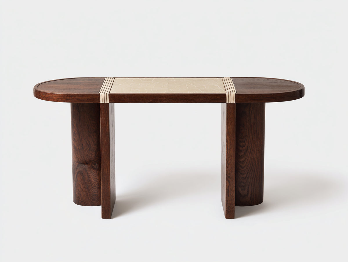 Estante consola de madera 150×42×78 cm - marrón oscuro/beige - tablero ovalado con inserto decorativo para sala de estar