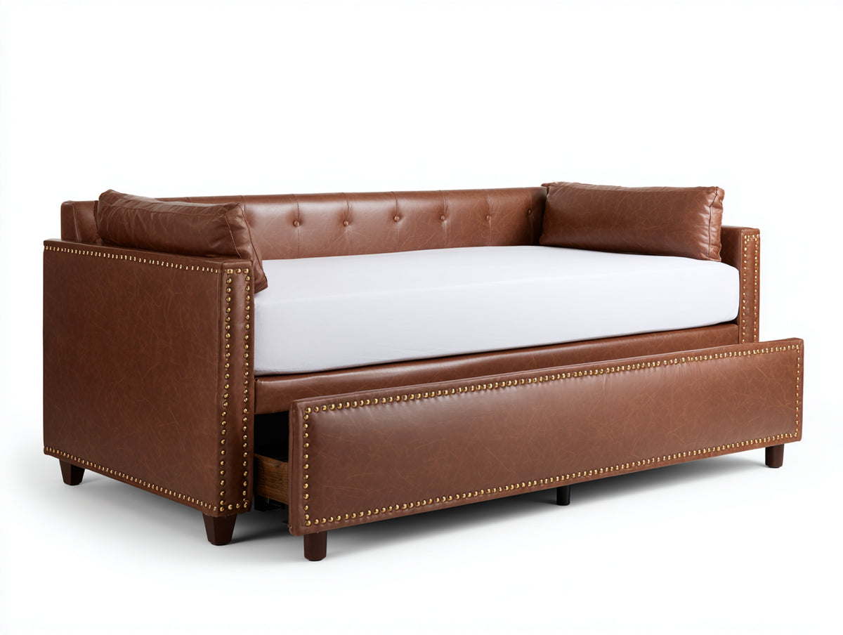 Sofá cama extraíble tapizado efecto cuero 210×100×88 cm - marrón coñac/blanco - respaldo capitoné para dormitorio