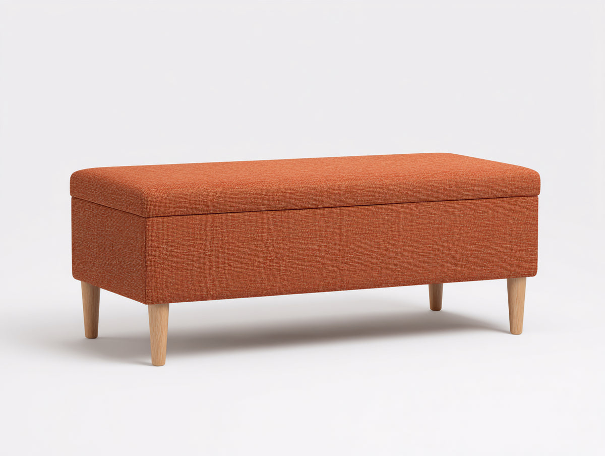 Banco arcón tapizado 120×45×48 cm - naranja/madera natural - asiento con almacenaje para dormitorio