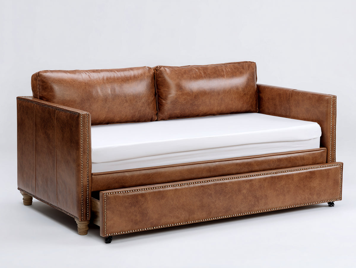Sofá cama nido 210×100×88 cm – marrón coñac/blanco – tapizado efecto cuero con cama extraíble