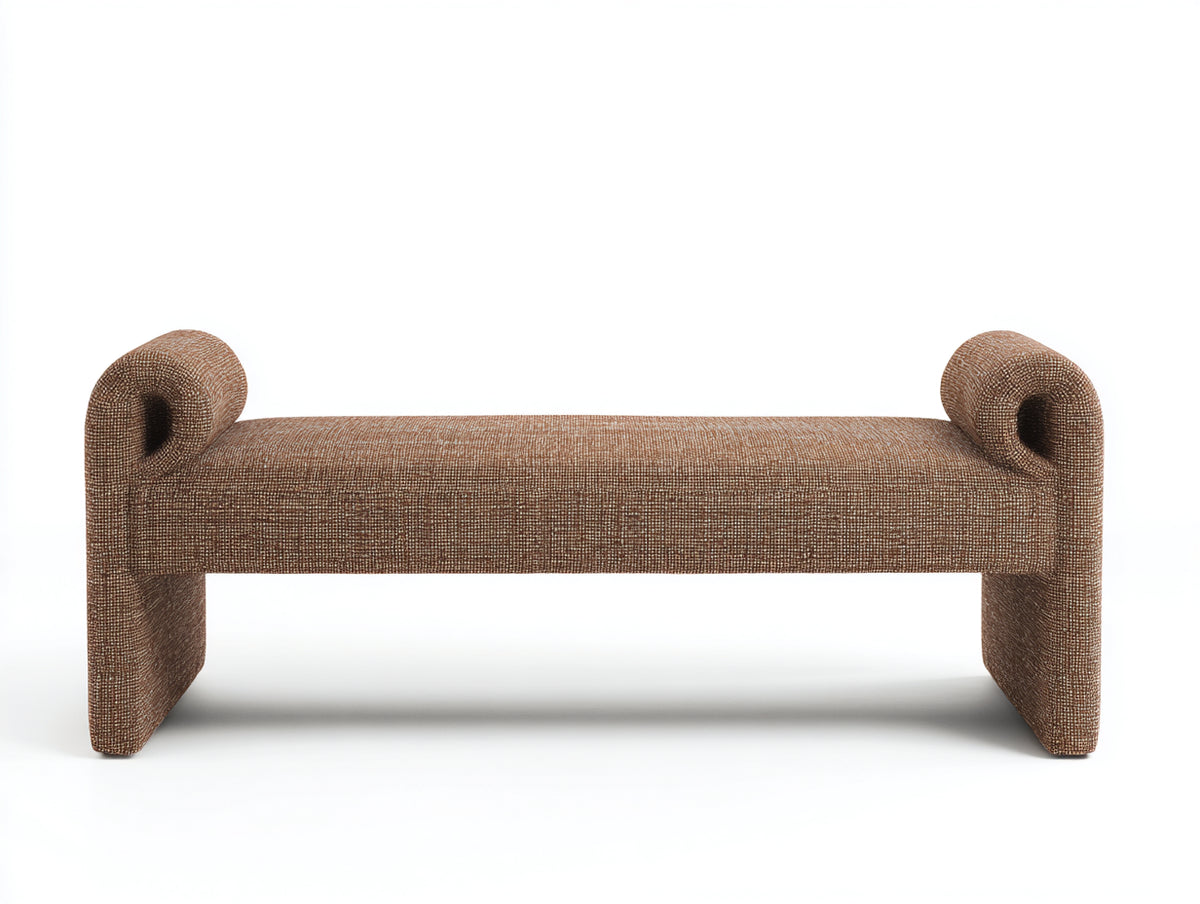 Banco acolchado de tejido jaspeado 162×50×64 cm - marrón - brazos curvos decorativos para dormitorio